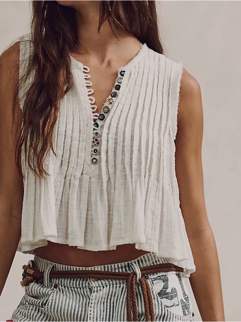 FP One Parker Tank White Sleeveless Pleated Button-Front Tank